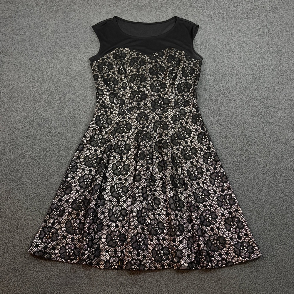 En Focus Studio Dress Womens 8 Black Champagne Floral Lace Mesh Fit Flare 2337N